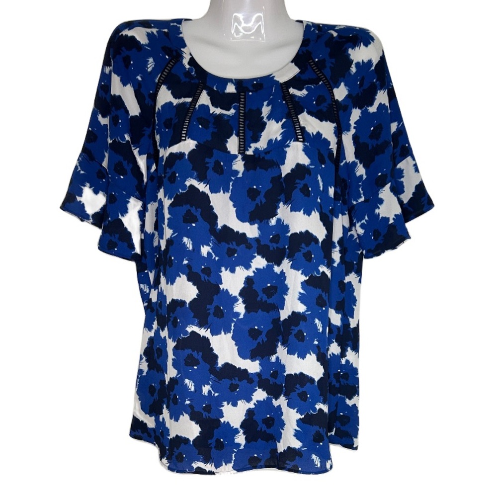 Banana Republic Floral Blouse Royal Navy Blue White Short Sleeve Blouse Size M